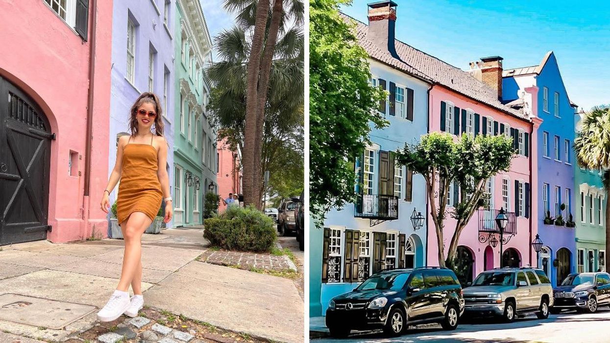 A woman in a dress and red sunglasses outside Rainbow Row. Right: Rainbow Row in Charleston, SC.