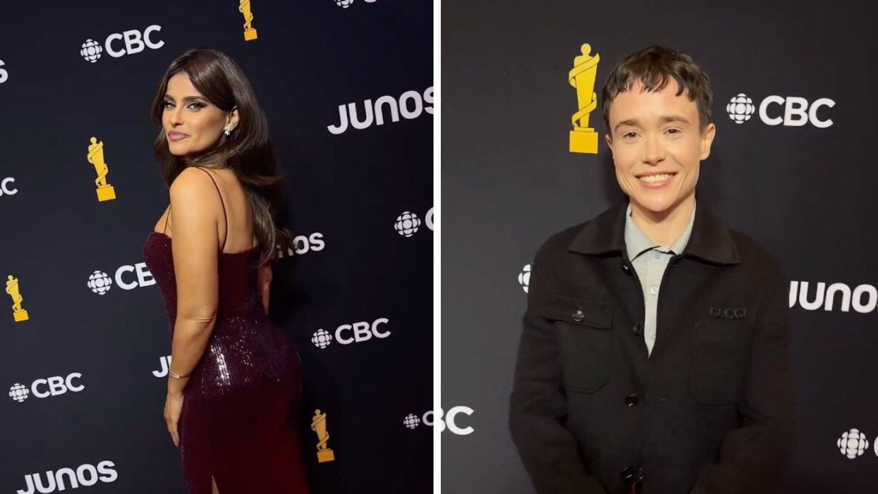 A woman in a dress posing for a photo. Right: An actor smiling for the camera.
