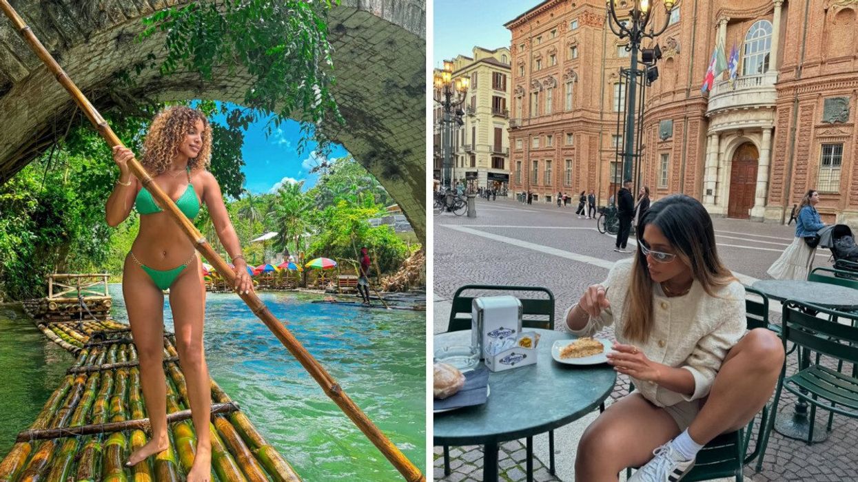 A woman in a green bikini steering a bamboo raft under a stone bridge surrounded by lush greenery in Montego Bay, Jamaica. Right: A woman in a chic outfit sitting at an outdoor cafe table in Turin, Italy, eating dessert with historic architecture in the background.