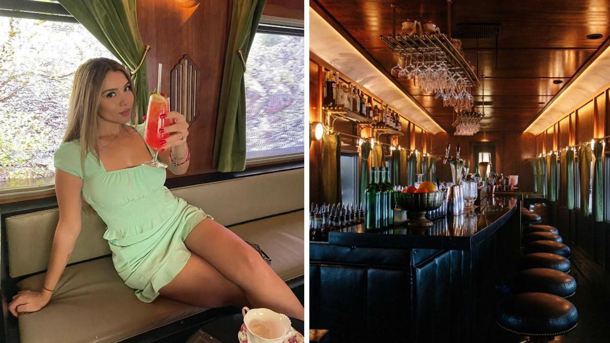 A woman in a green dress drinking a cocktail on the train. Right: The inside of the train car bar. 