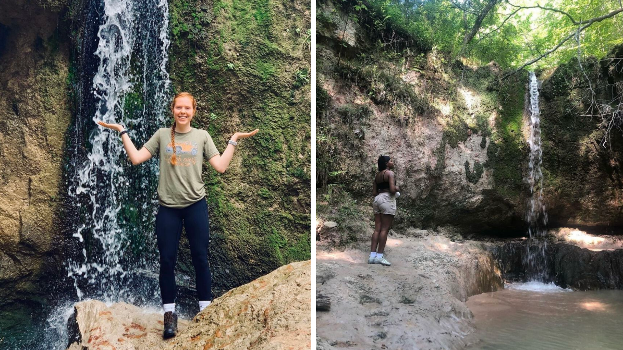 A woman in a green shirt in front of a waterfall. Right: A woman in a black top in front of a waterfall.