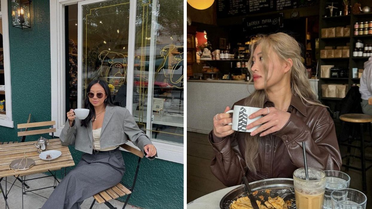 A woman in a grey outfit and sunglasses holding a white tea cup while sitting in front of a cafe. Right: A woman in a brown leather jacket holding a coffee mug while sitting in a cafe.