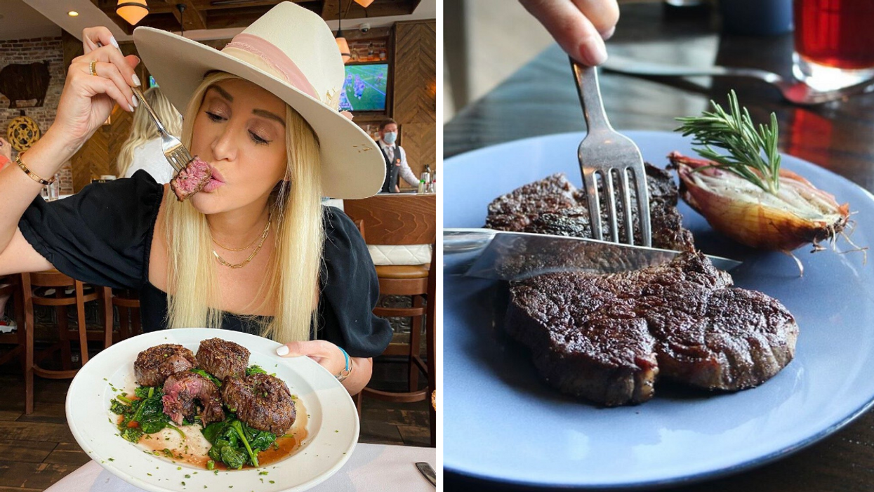 A woman in a hat eating steak. Right: A fork and knife cutting a steak.