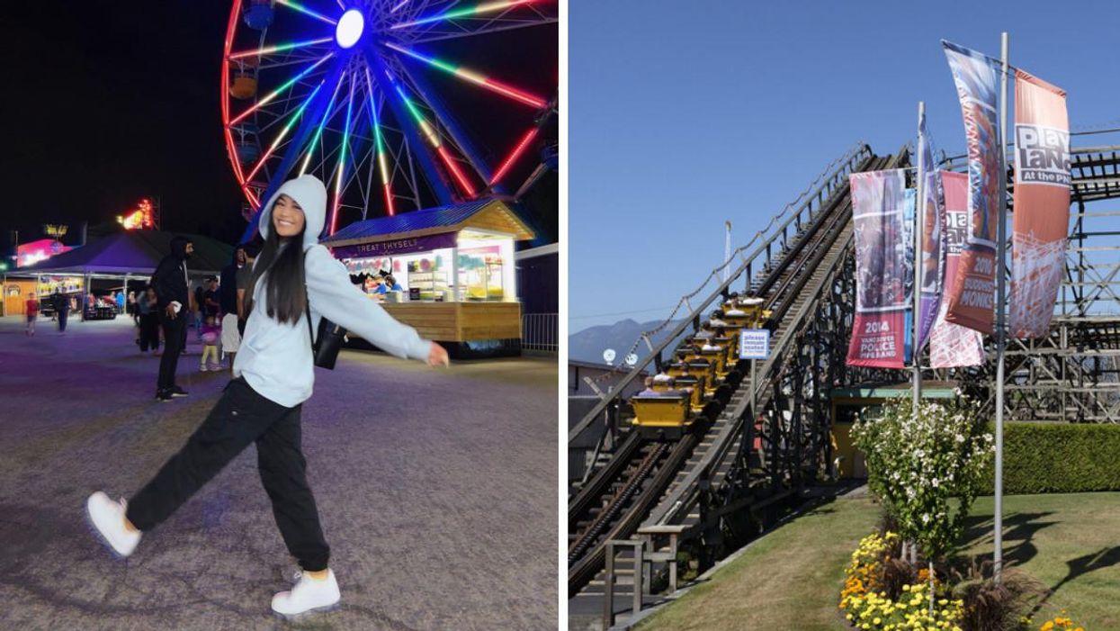 A woman in a hoodie at Playland. Right: The wooden rollercoaster at Playland.