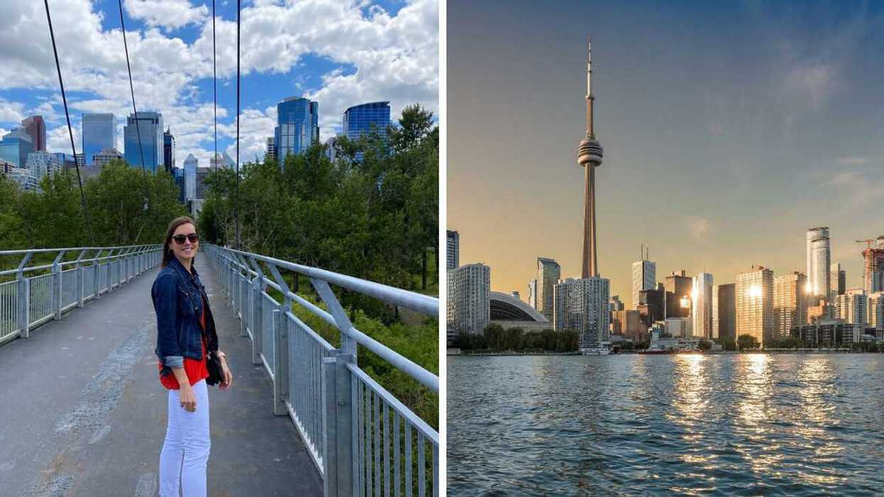 A woman in a jean jacket and white pants looking back and smiling at the camera with tall buildings behind her. Right: The Toronto skyline.