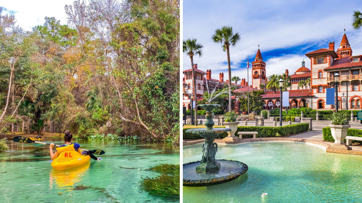 A woman in a kayak at Kings Landing. Right: The town view of St. Augustine.