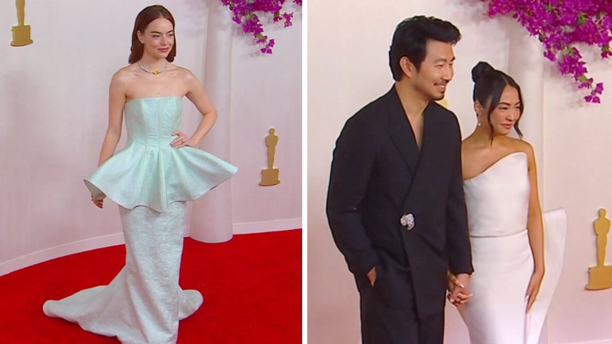 A woman in a light blue green gown on the red carpet. Right: A man in a black suit and woman in a white gown holding hands.