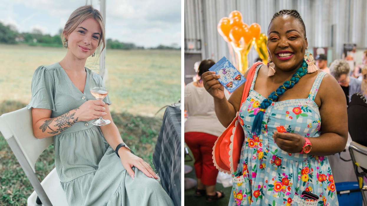 A woman in a pastel green dress drinking wine at Kin Vineyards. Right: A woman in a flowery dress shopping the Cheerfully Made market in Almonte.