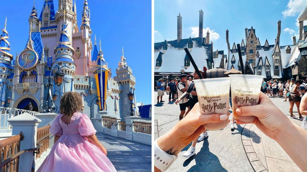 A woman in a pink dress stands outside Cinderella's castle at Magic Kingdom. Right: Two butterbeers at Universal Orlando's Wizarding World of Harry Potter.