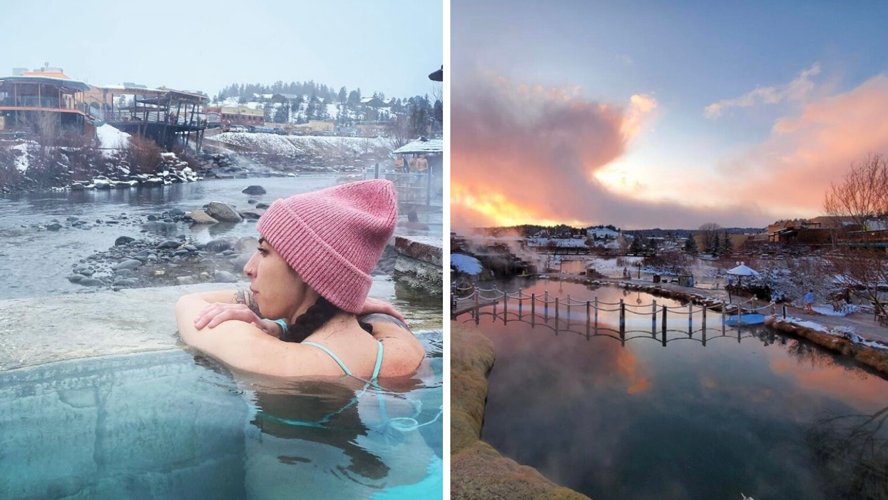 A woman in a pink hat at Pagosa Hot Springs Resort. Right: A few pools at Pagosa Hot Springs Resort.