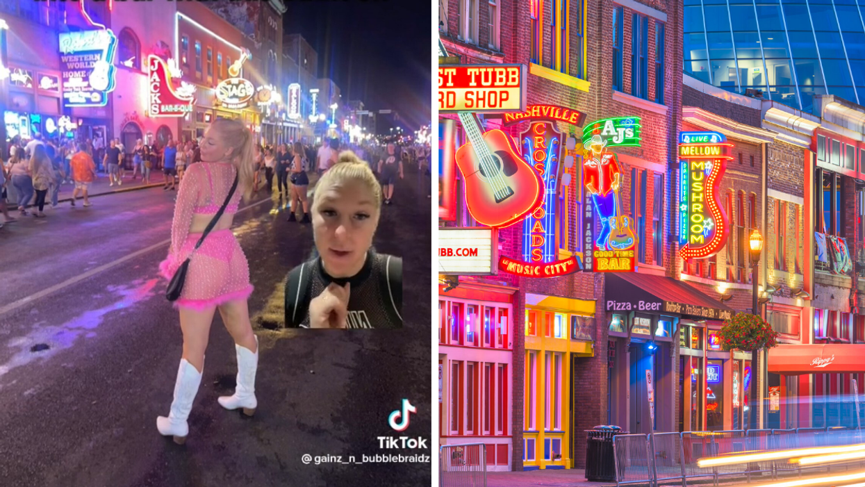A woman in a pink outfit in Nashville, TN Right: A block of Broadway Street bars in Nashville, TN.