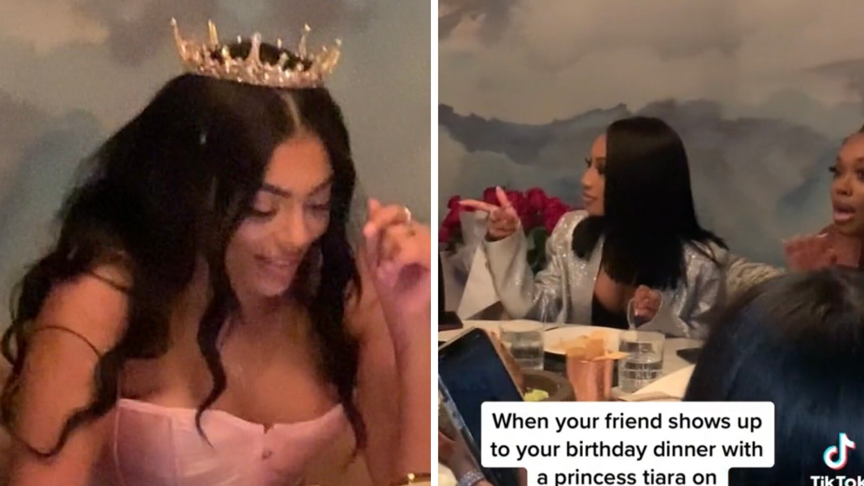 A woman in a pink top wearing a tiara. Right: The birthday girl pointing in the viral TikTok video.
