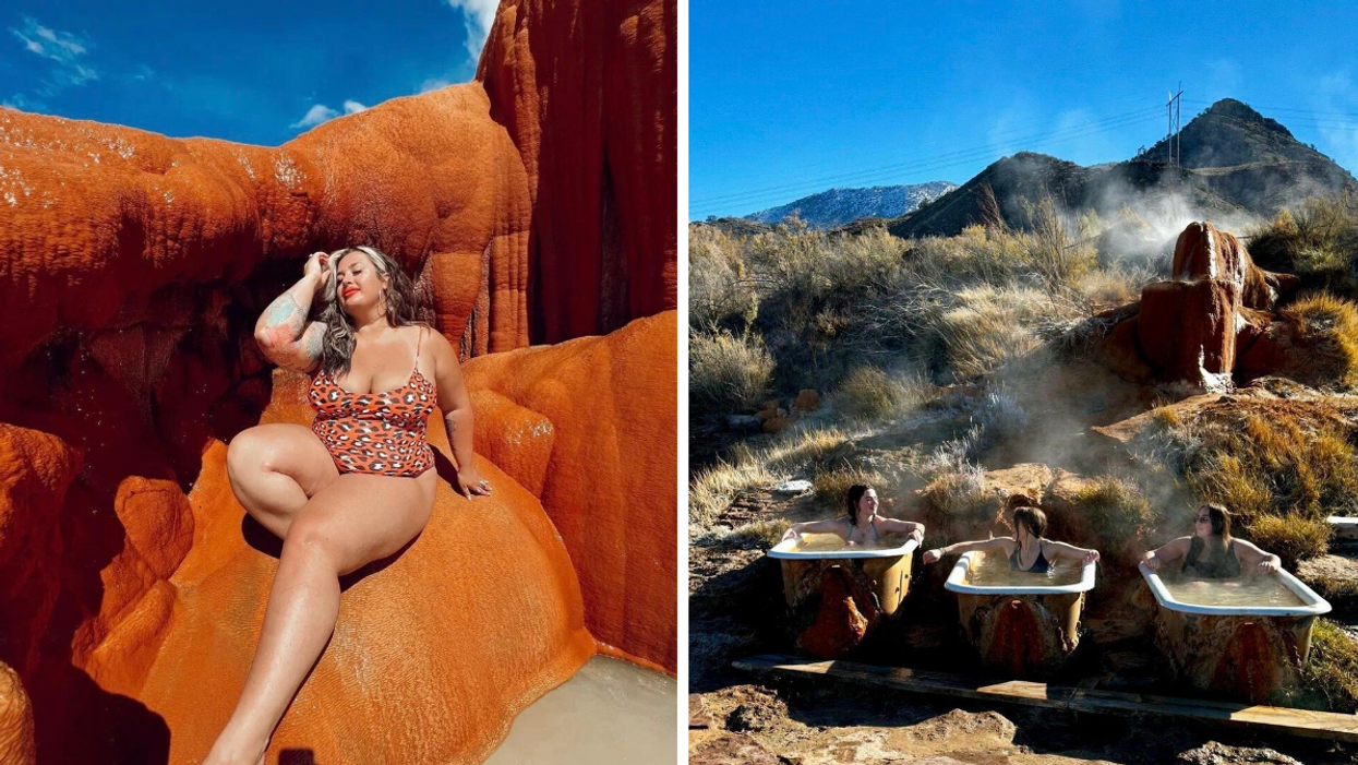 A woman in a printed swimsuit at Mystic Hot Springs in Monroe, UT. Right: Three people in the bathtubs at Mystic Hot Springs.