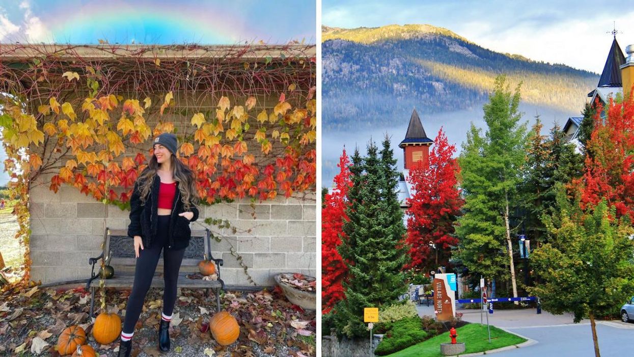 A woman in a pumpkin patch in Fort Langley. Right: Whistler village in the fall.