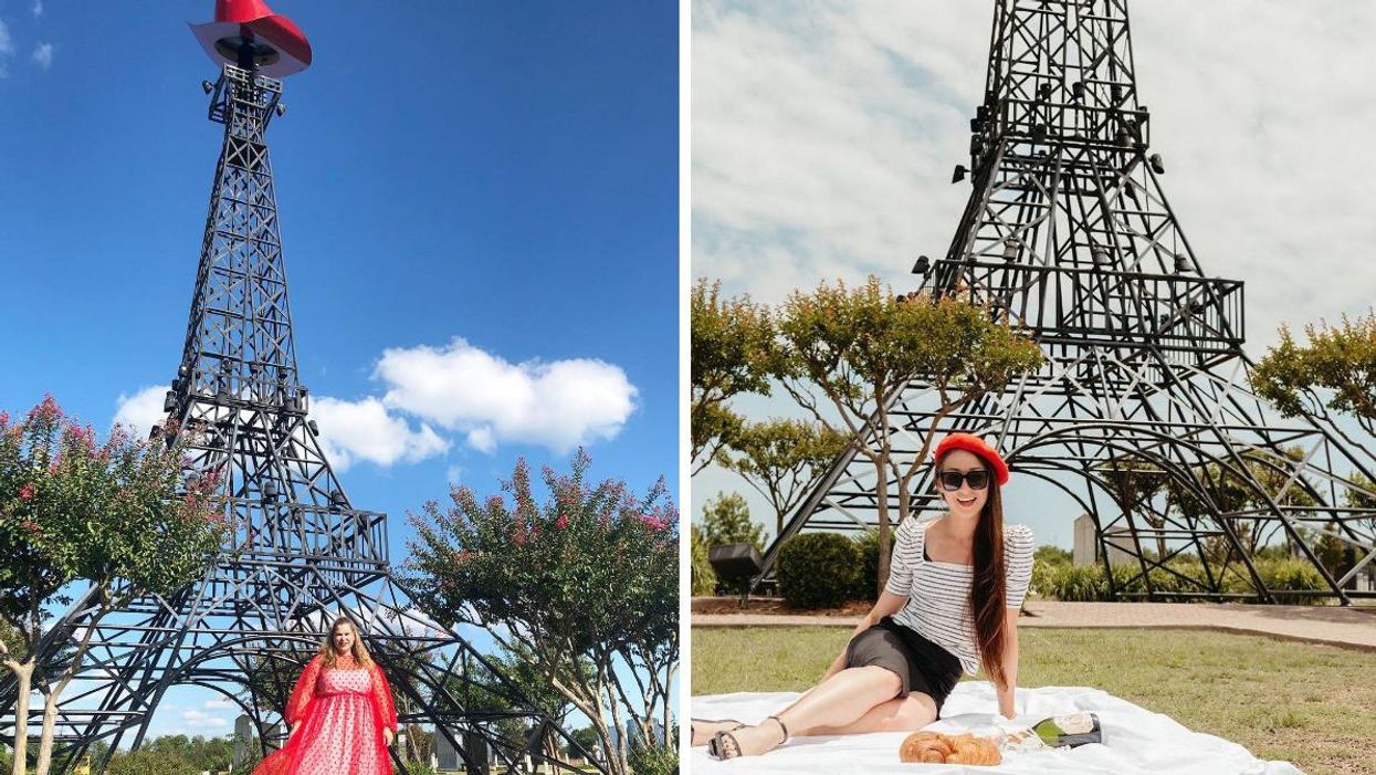 A woman in a red and pink puffy dress stands in front of Paris, Texas' Eiffel Tower. Right: A woman wearing a red beret, white shirt and black skirt sits on a tablecloth in front of Paris, Texas' Eiffel Tower.