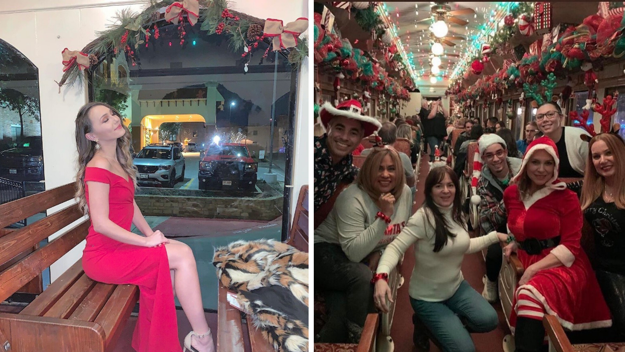 A woman in a red dress on a Grapevine Vintage Railroad train. Right: A group of people on the Christmas Wine Train.