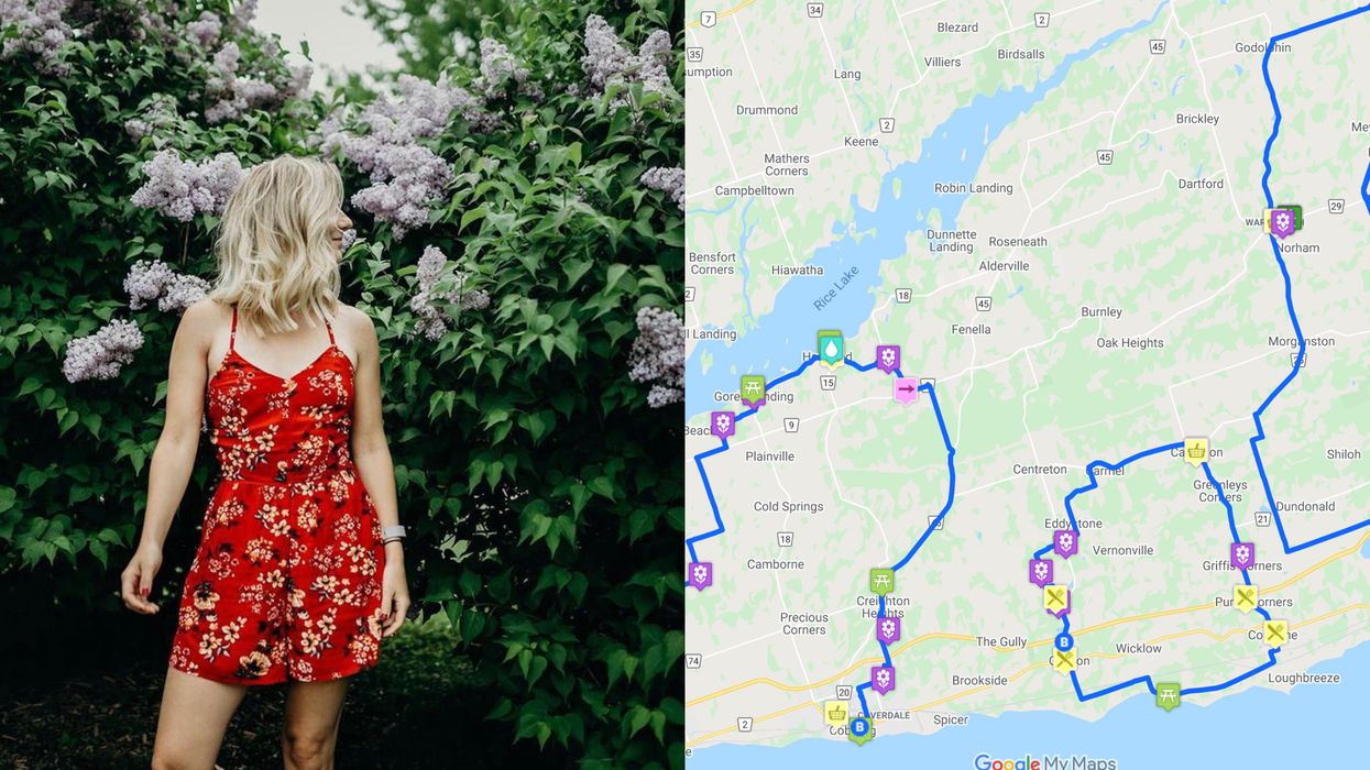 A woman in a red dress stands in front of lilac trees. Right: A map of the Ontario route.