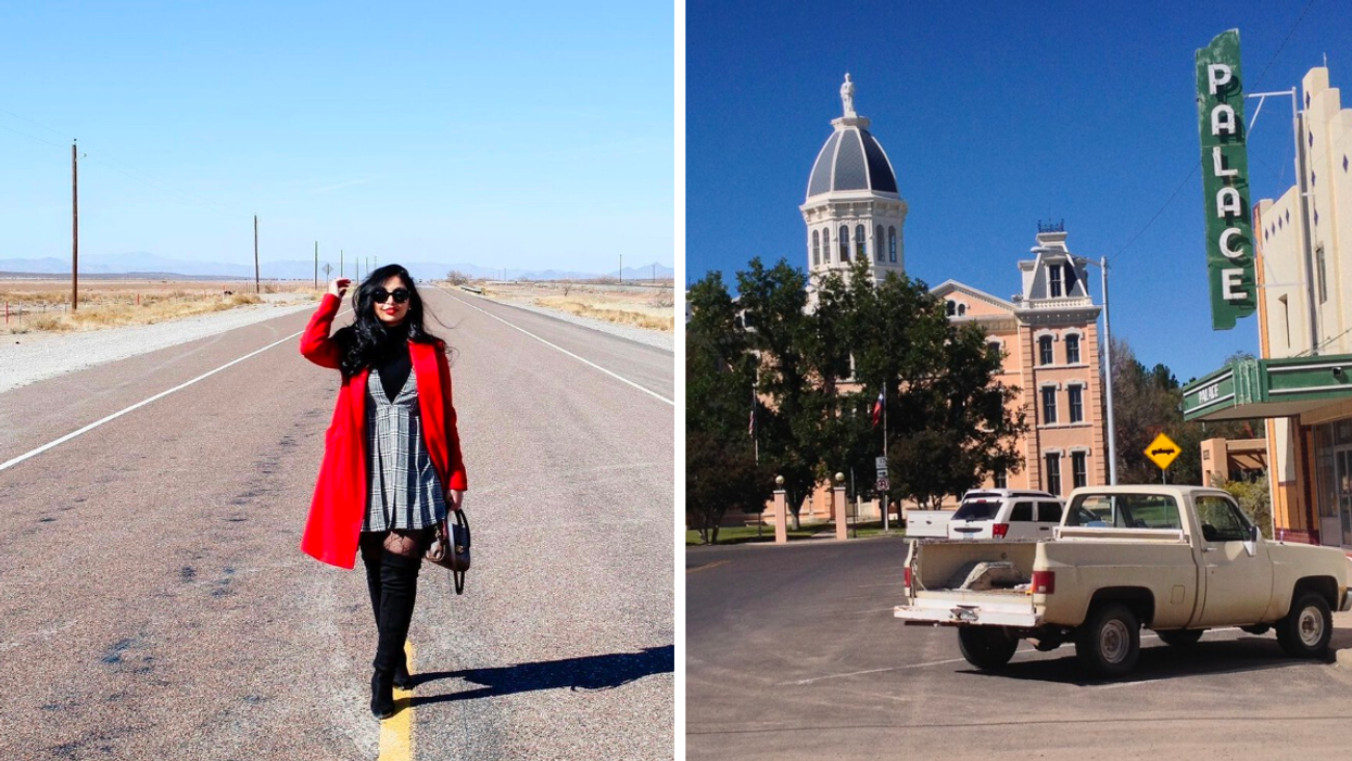 A woman in a red jacket on a road in Marfa, TX. Right: Buildings in Marfa, TX.