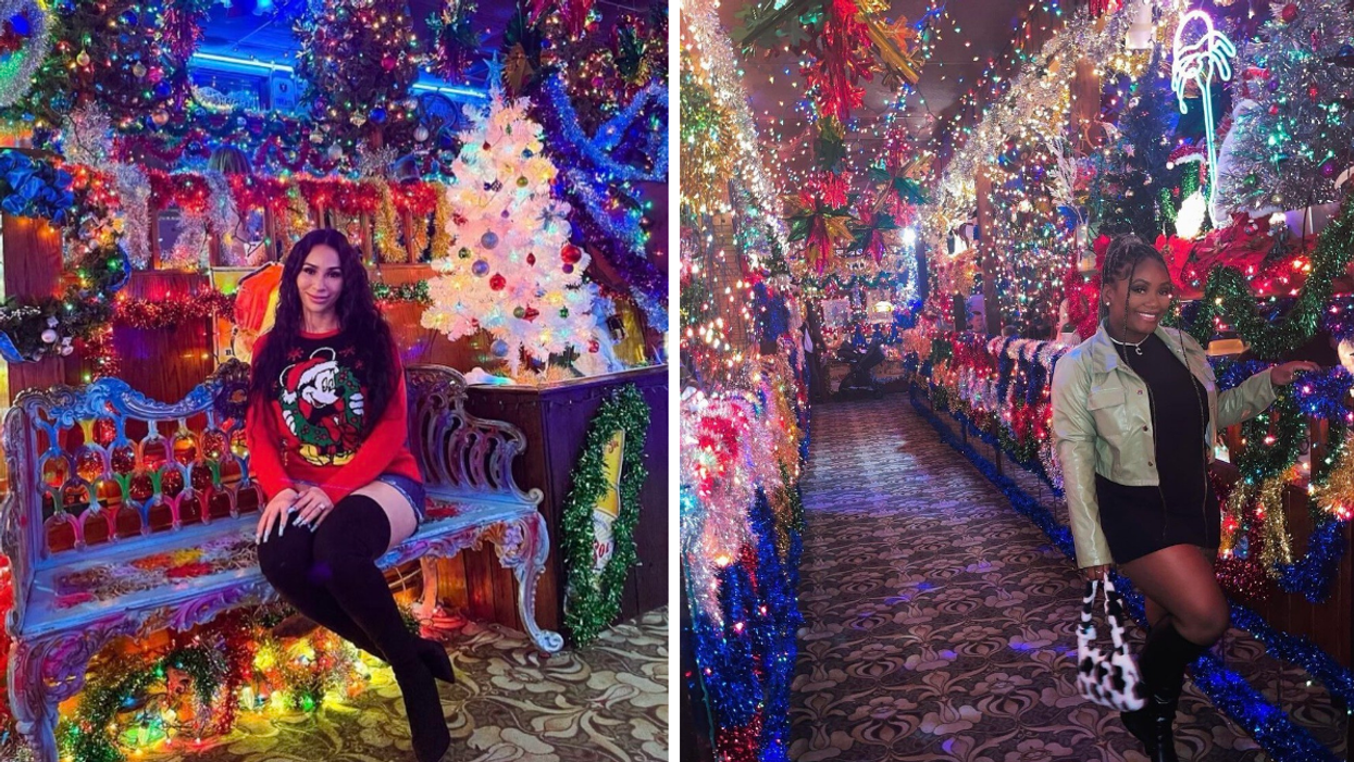 A woman in a red sweater and black boots at Campo Verde. Right: A woman in a black dress and boots at Campo Verde.