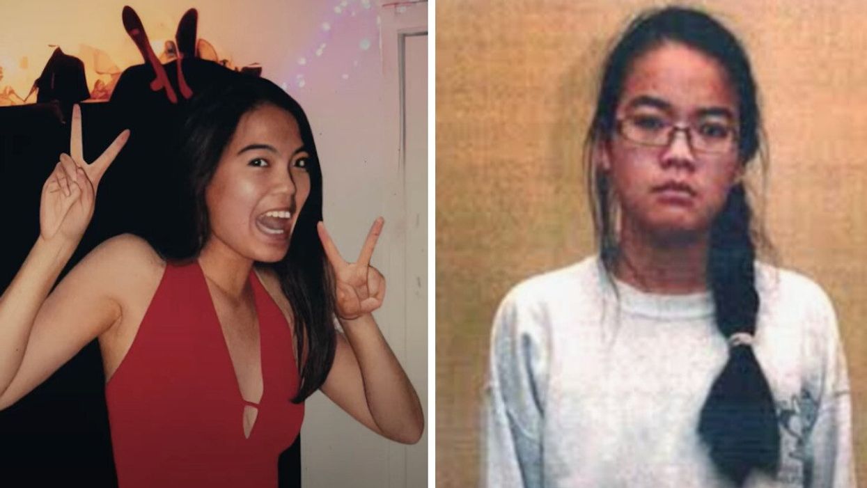 A woman in a red top making peace signs at the camera. Right: A woman in glasses and a side braid looking at the camera.