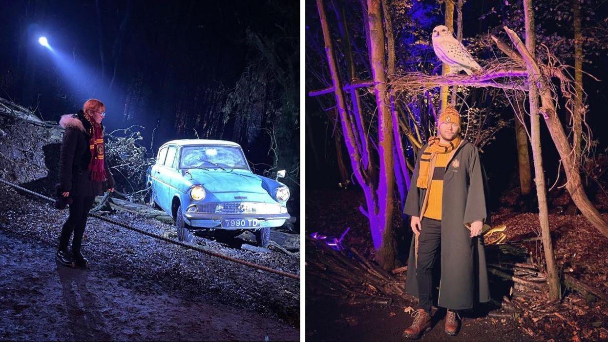 A woman in a scarf standing outside the "flying car." Right: A man standing in the forest in front of an owl.