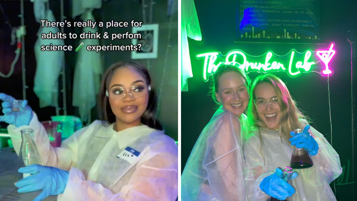 A woman in a science outfit. Right: Two women holding up beakers.