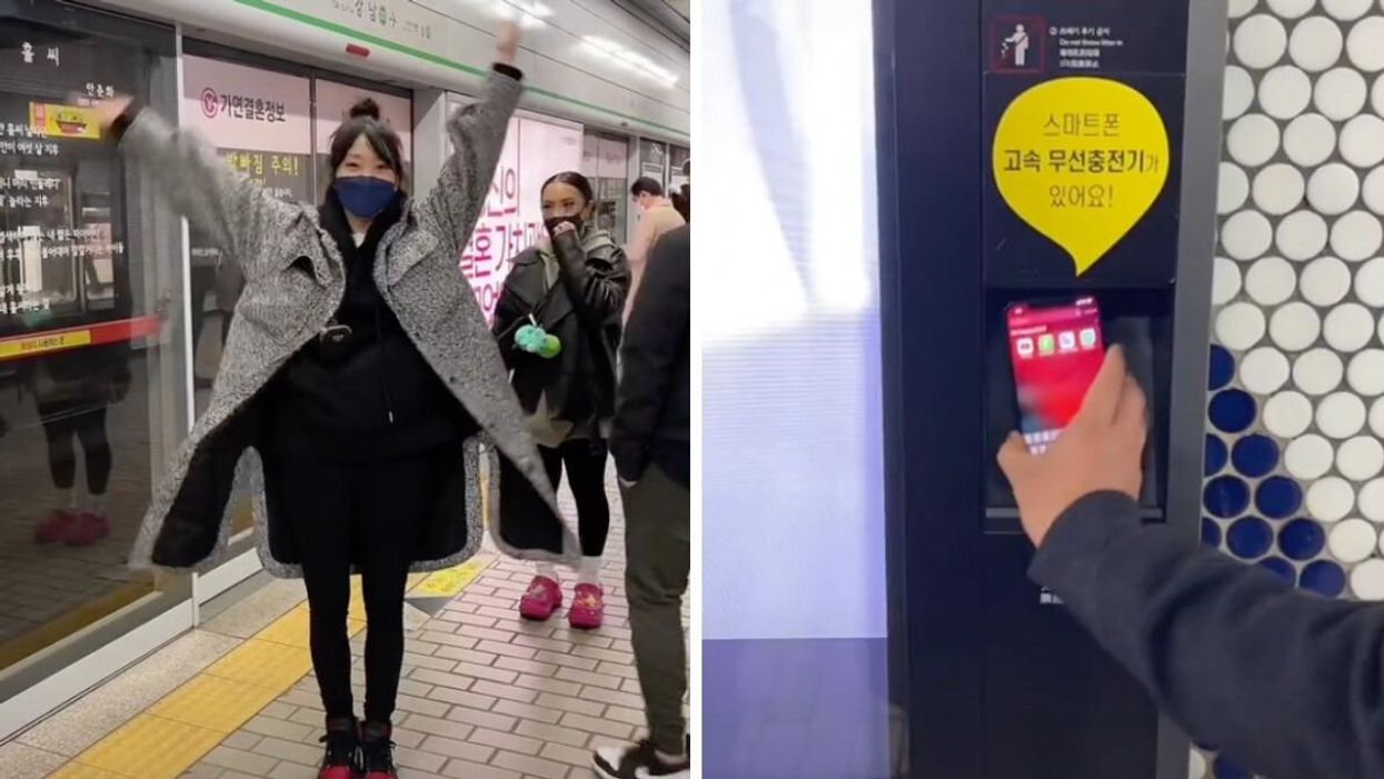 A woman in a subway station in Korea. Right: A wireless phone charger.