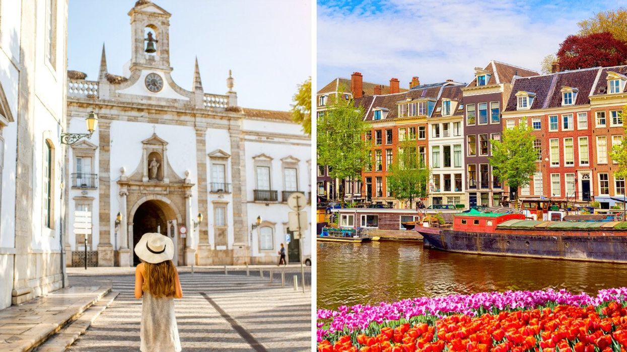 A woman in a sunhat walks toward a white stone building in Faro, Portugal. Right: Amsterdam’s iconic canals are lined with colourful Dutch townhouses, lush green trees, and houseboats.