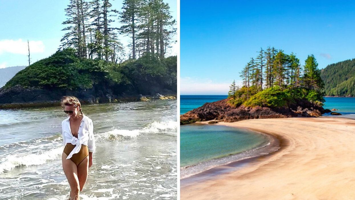 A woman in a swimsuit and white shirt dipping her feet in the water. Right: A beach with trees, turquoise water and sand.