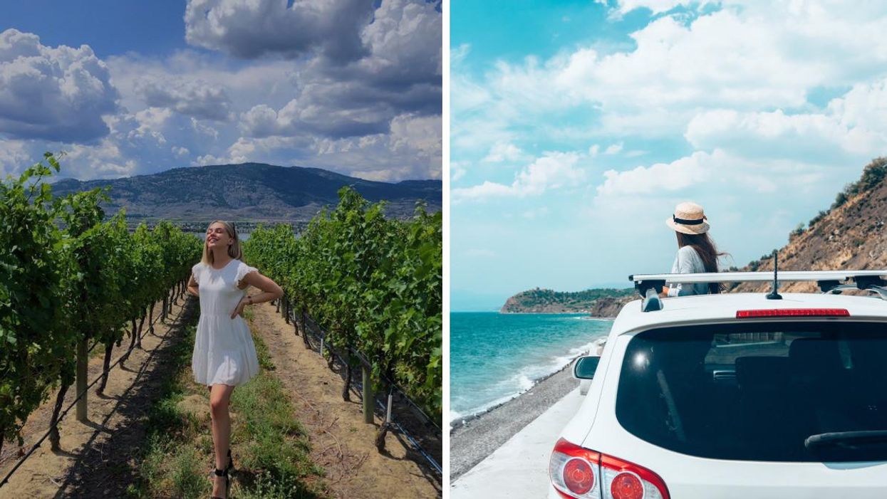 A woman in a vineyard. Right: A woman on a roadtrip.