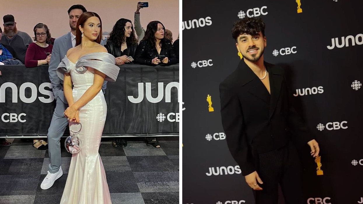 A woman in a white and grey gown with a man in a suit standing behind her and fans taking photos. Right: A man in an all black suit in front of a wall that says CBC and JUNOS.