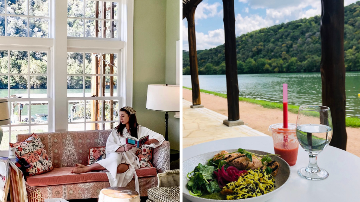 A woman in a white robe sitting on a couch. Right: A plate of food and drinks by a lake.