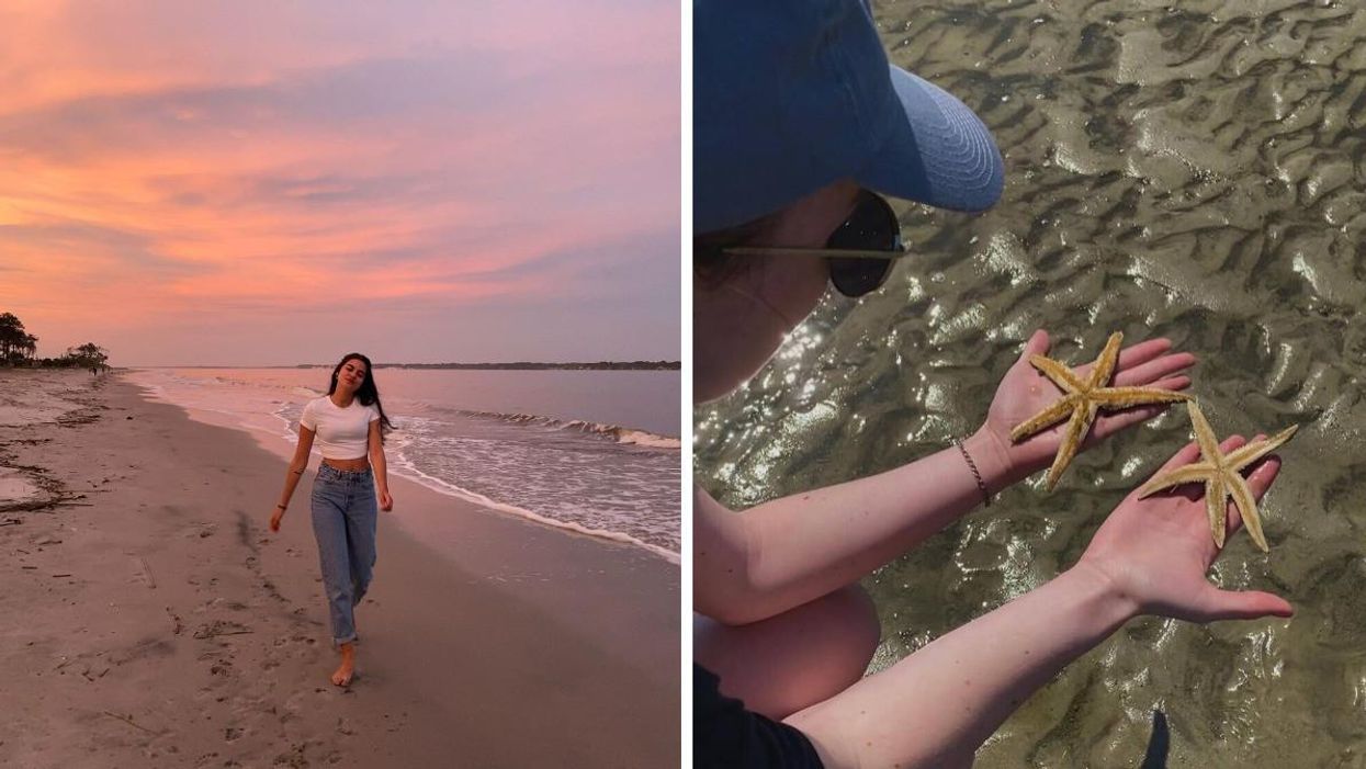 A woman in a white shirt and jeans walks on the beach at sunset. Right: A woman holds two starfish above the shore.