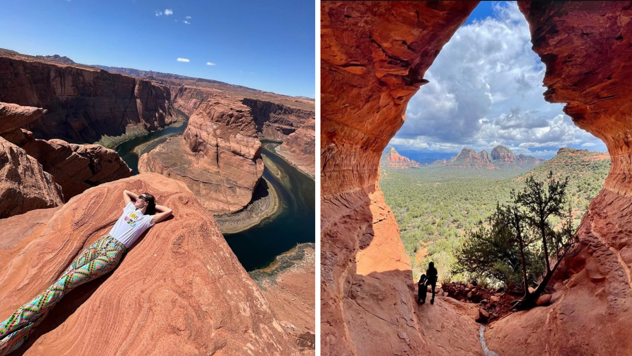 A woman in a white shirt and patterned pants at Horseshoe Bend. Right A person stands inside the Birthing cave.