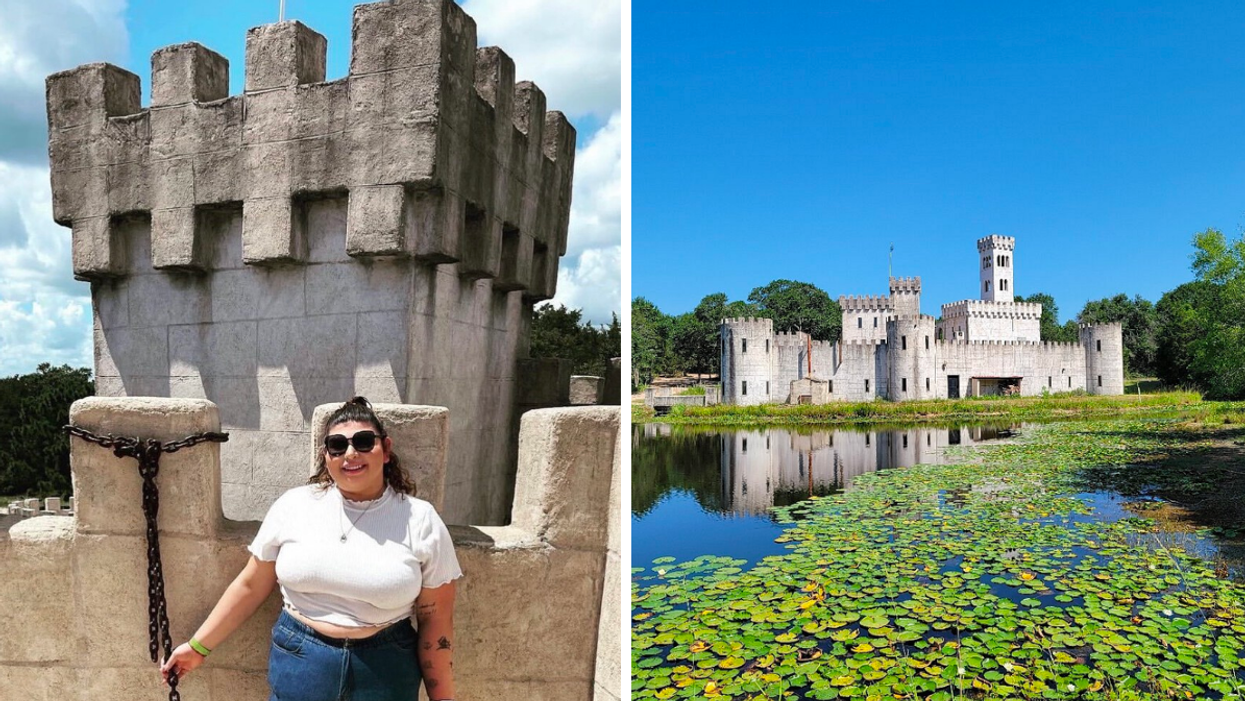A woman in a white shirt at Newman's Castle. Right: The exterior of Newman's Castle in Bellville, TX.