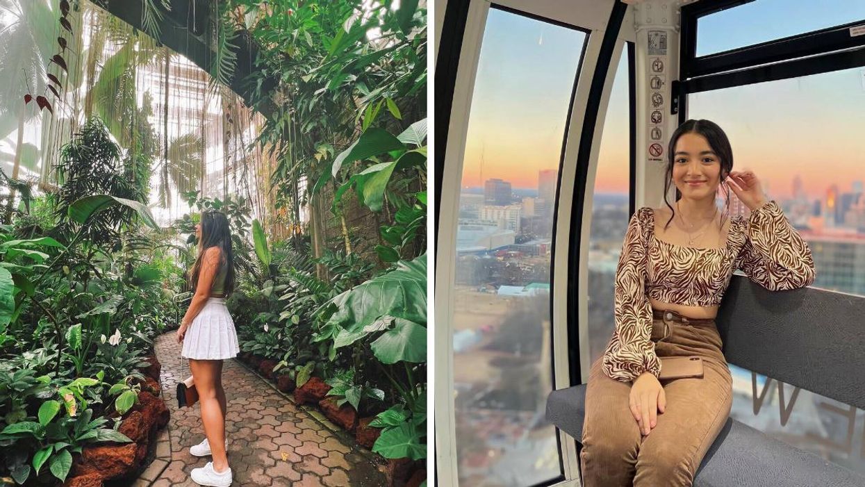 A woman in a white skirt and shoes stands on a path surrounded by lush greenery. Right: A woman in tan pants and a patterned top overlooks the Atlanta skyline at sunset. 