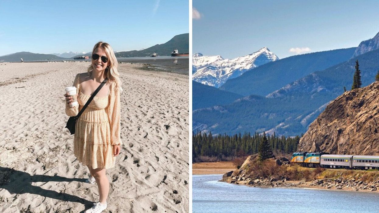A woman in a yellow dress holding a coffee standing on a sandy beach. Right: A train travelling near the Canadian Rockies.