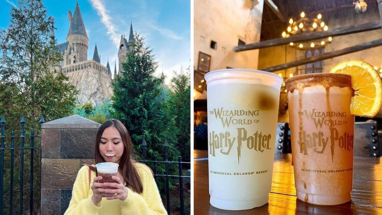 A woman in a yellow sweater takes a sip of butterbeer. Right: Two specialty drinks at The Wizarding World Of Harry Potter.