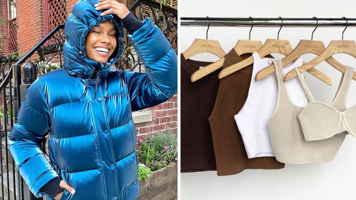A woman in an Aritzia jacket. Right: Aritzia clothes.