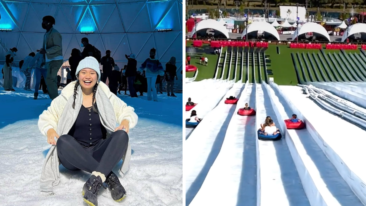 A woman in an igloo at Snowcat Ridge. Right: The tubing slopes at Snowcat Ridge.