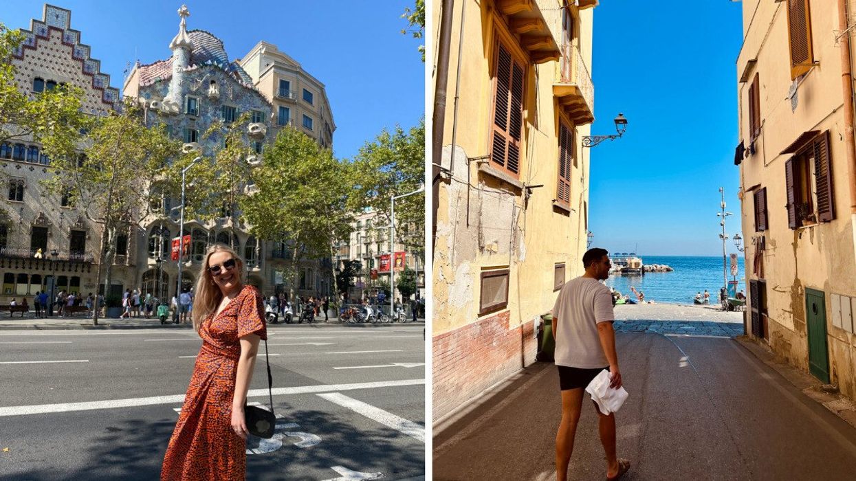 A woman in an orange dress stands on a busy street in Barcelona, Spain, with Gaudí’s Casa Batlló behind her. Right: A man walks down a narrow alleyway in a coastal Italian town.