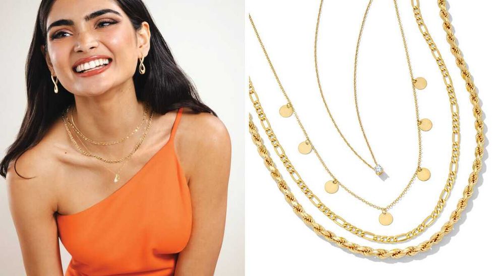 A woman in an orange dress wearing three necklaces. Right: Four differently weighted necklaces arranged on a white background.