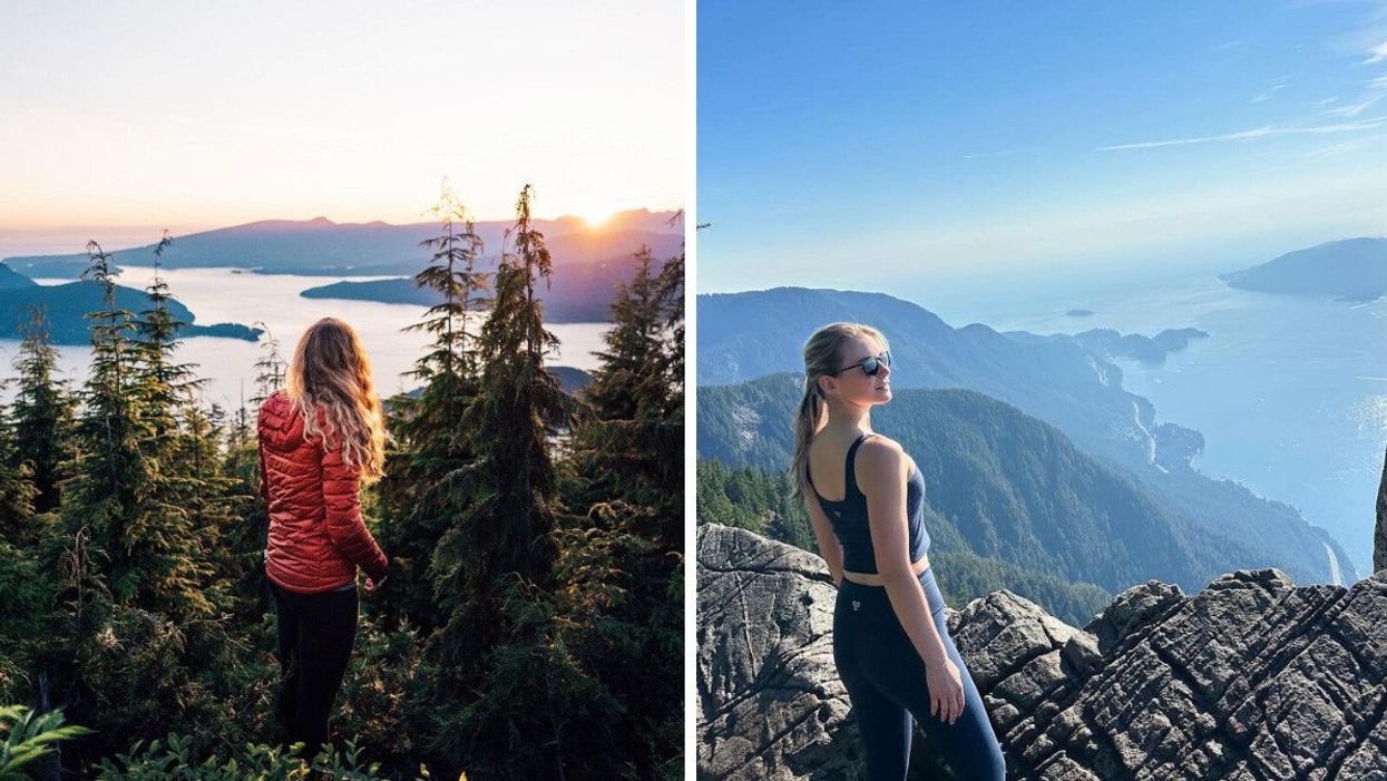 A woman in an orange jacket standing next to pine trees and looking at the ocean views. Right: A woman standing on a mountain top looking out at the ocean and mountains.