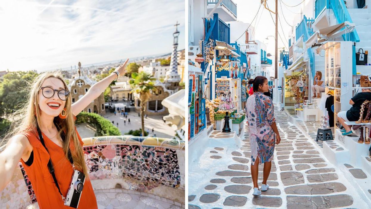 A woman in Barcelona, Spain. Right: A traveller in Mykonos, Greece.