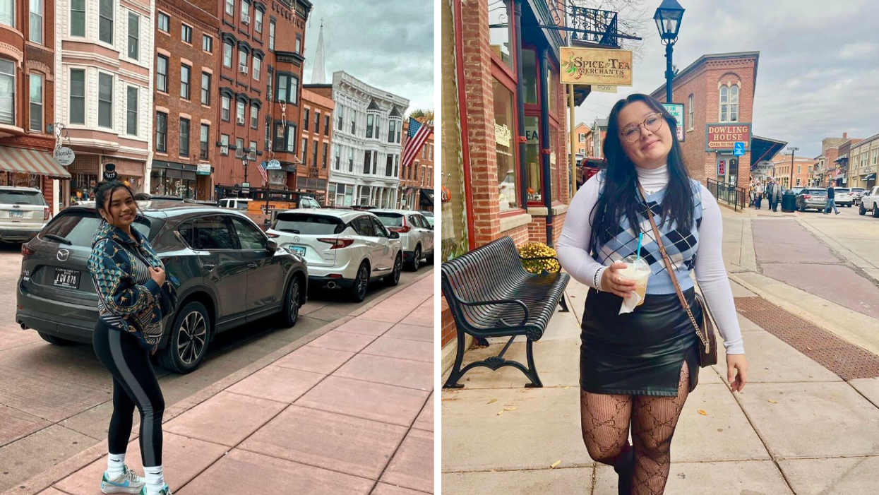 A woman in black leggings and a jacket in Galena, IL. Right: A woman in a black skirt and light blue and white top in Galena, IL.