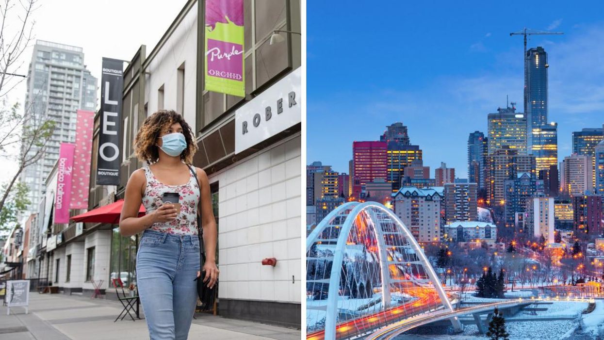 A woman in Calgary wearing a mask. Right: The skyline of the city of Edmonton.