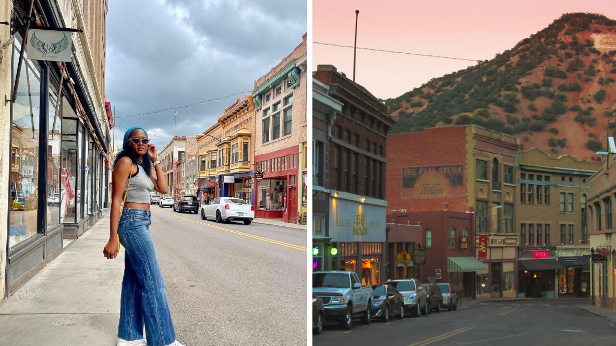 A woman in downtown Bisbee, AZ. Right: Downtown Bisbee, AZ during sunset.