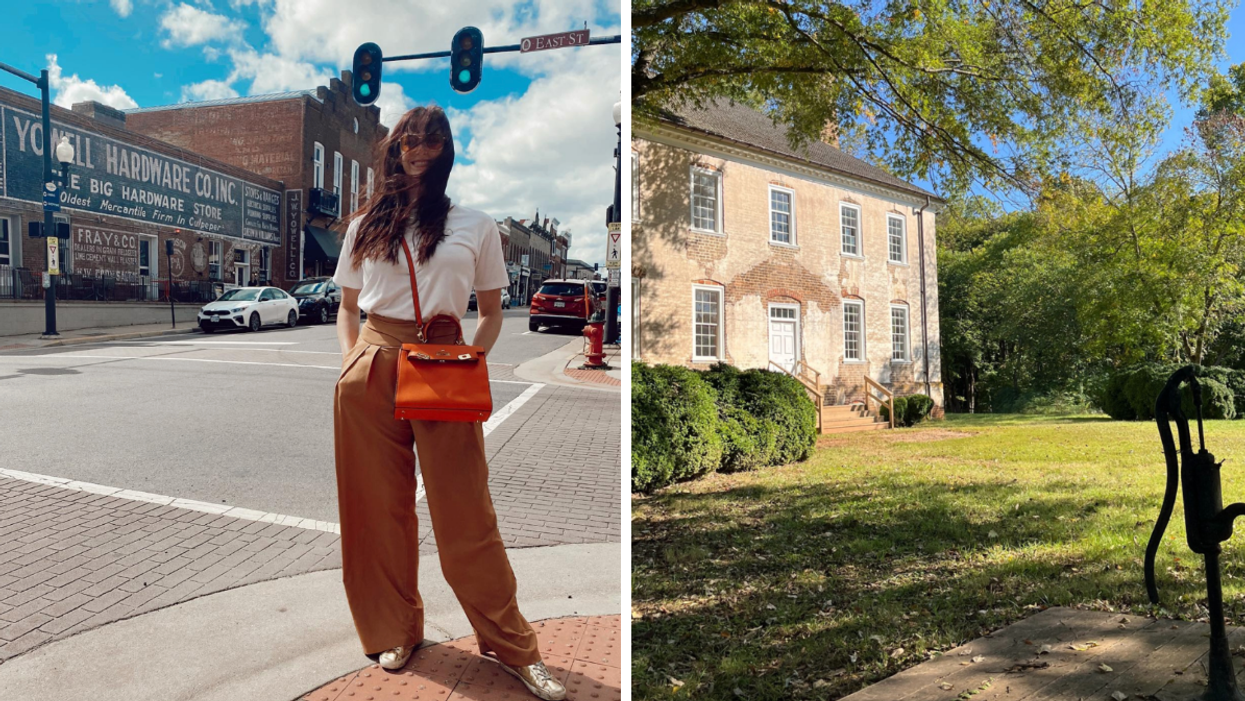 A woman in downtown Culpeper, VA. Right: A historic mansion in Culpeper, VA.