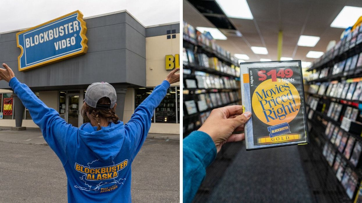 A woman in front of a Blockbuster store. Right: A person holding a Blockbuster DVD.