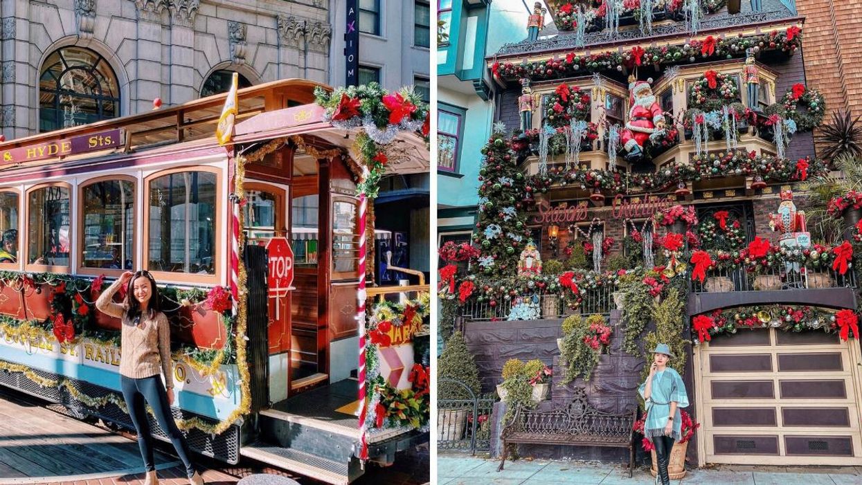 A woman in front of a cable car in San Francisco, CA. Right: A woman in front of a decorated house in San Francisco, CA. 